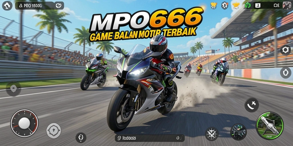 Tampilan gameplay balapan motor penuh aksi dan kecepatan.