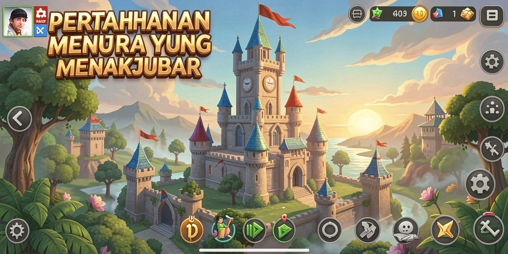 Tampilan gameplay seru RAJAZEUS dengan menara beraksi.