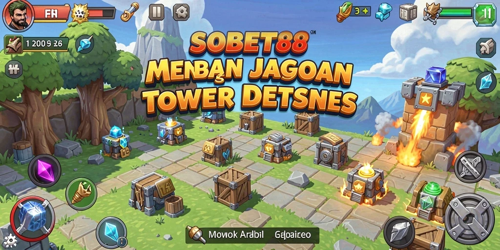 Tangkapan layar utama SOBET88 menampilkan aksi pertahanan menara yang mendebarkan.